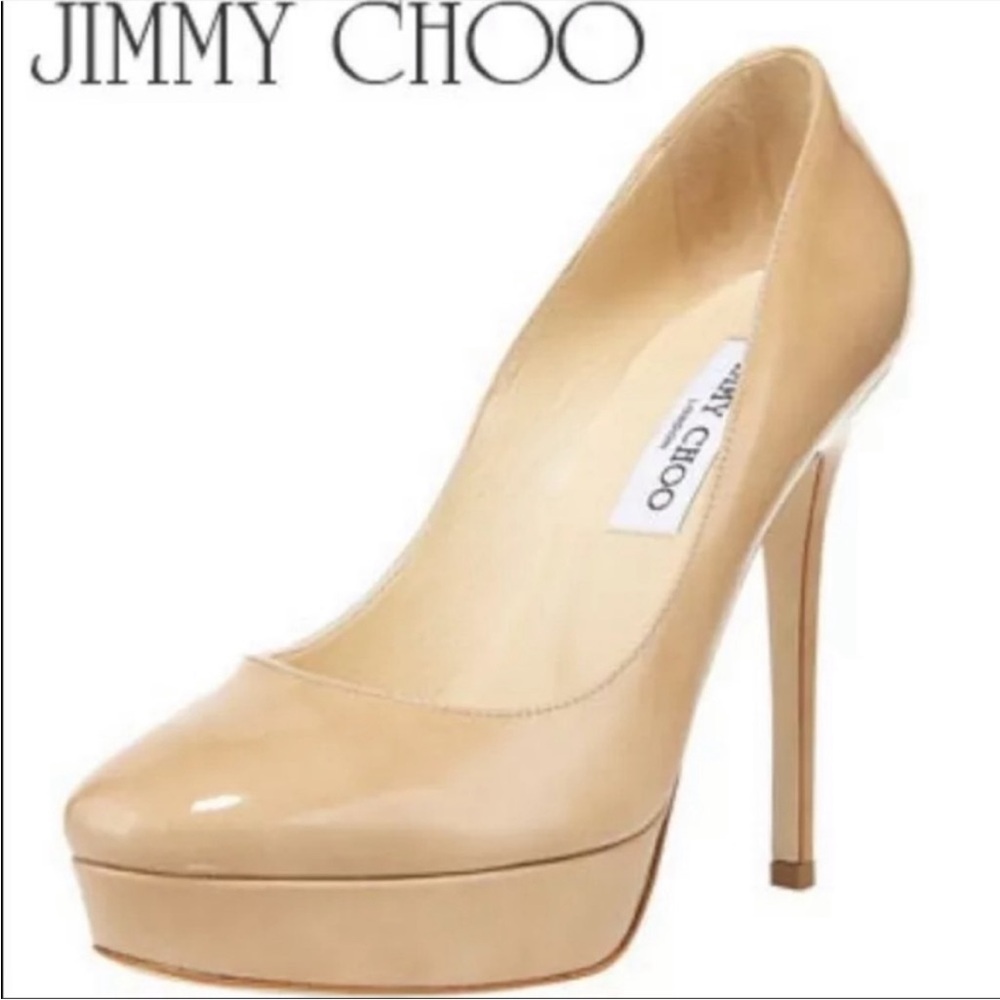 Jimmy Choo Patent Leather Cosmic Platform Heels in Nude Cream Beige